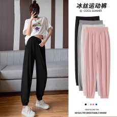 批发大码休闲运动裤女夏季冰丝胖mm<b class='q'>高腰</b>束脚防蚊小个子显瘦灯笼九分裤