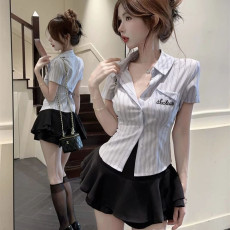 批发jk学院风套装女夏季新款气质收腰显瘦条纹衬衫高腰半身裙两件套潮