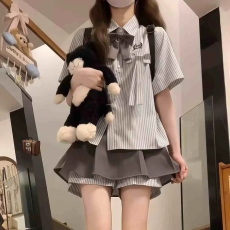 批发韩系jk制服学院风短裙套装女夏季小个子条纹短袖衬衫半身裙两件套
