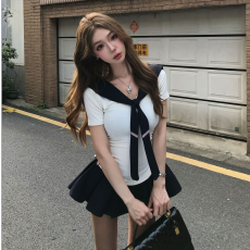 批发【上衣92棉】正肩短袖T恤套装女夏掐腰显瘦百褶半身裙修身海军上衣