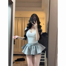 批发套装女2026夏季新款纯欲风辣妹v领修身短款T恤上衣高腰蓬蓬半身裙