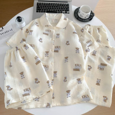 批发馨依 夏季<b class='q'>睡衣</b>女士开衫短袖<b class='q'>三件套</b>带胸垫天丝爽棉奶油小熊家居服