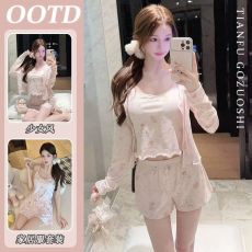 批发小宝轻奢<b class='q'>女</b>士睡衣家居服<b class='q'>套装</b>冰丝螺纹三件套带胸垫【M-XXL】