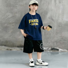批发<b class='q'>男童</b>潮<b class='q'>牌</b>夏装套装宽松休闲运动纯棉短袖五分短裤中大儿童两件套潮