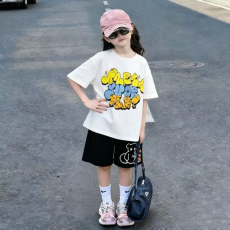 批发女童洋气夏装套装宽松休闲运动纯棉短袖五分短裤中大<b class='q'>儿童</b>两件套潮