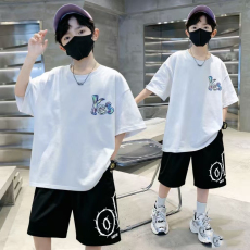 批发<b class='q'>男童</b>潮<b class='q'>牌</b>夏装套装宽松休闲运动纯棉短袖五分短裤中大儿童两件套潮