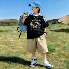 批发<b class='q'>男童</b>夏<b class='q'>季</b>套装宽松纯棉三条杆短袖运动速干工装裤中大童外穿两件套