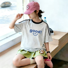 批发<b class='q'>女</b><b class='q'>童</b>夏季套装宽松纯棉三条杆短袖冰丝裙裤中大童外穿洋气两件套潮