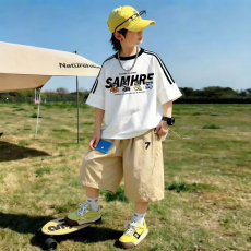 批发<b class='q'>男童</b>夏<b class='q'>季</b>套装宽松纯棉三条杆短袖运动速干工装裤中大童外穿两件套