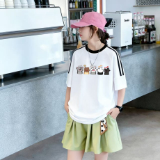 批发<b class='q'>女</b><b class='q'>童</b>夏季套装宽松纯棉三条杆短袖冰丝裙裤中大童外穿洋气两件套潮