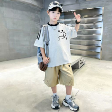 批发<b class='q'>男童</b>夏<b class='q'>季</b>套装宽松纯棉三条杆短袖运动速干工装裤中大童外穿两件套