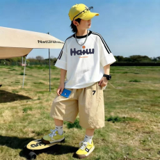 批发<b class='q'>男童</b>夏<b class='q'>季</b>套装宽松纯棉三条杆短袖运动速干工装裤中大童外穿两件套