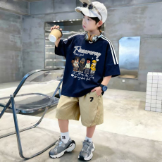 批发<b class='q'>女</b><b class='q'>童</b>夏季套装宽松纯棉三条杆短袖冰丝裙裤中大童外穿洋气两件套潮