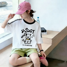 批发<b class='q'>女</b><b class='q'>童</b>夏季套装宽松纯棉三条杆短袖冰丝裙裤中大童外穿洋气两件套潮