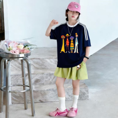 批发<b class='q'>女</b><b class='q'>童</b>夏季套装宽松纯棉三条杆短袖冰丝裙裤中大童外穿洋气两件套潮