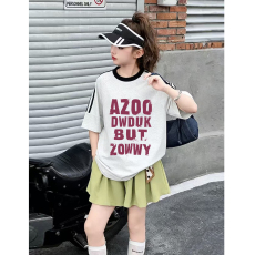 批发<b class='q'>女</b><b class='q'>童</b>夏季套装宽松纯棉三条杆短袖冰丝裙裤中大童外穿洋气两件套潮