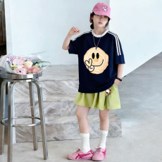 批发<b class='q'>女</b><b class='q'>童</b>夏季套装宽松纯棉三条杆短袖冰丝裙裤中大童外穿洋气两件套潮