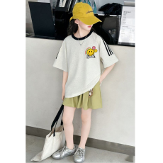 批发<b class='q'>女</b><b class='q'>童</b>夏季套装宽松纯棉三条杆短袖冰丝裙裤中大童外穿洋气两件套潮