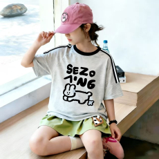 批发<b class='q'>女</b><b class='q'>童</b>夏季套装宽松纯棉三条杆短袖冰丝裙裤中大童外穿洋气两件套潮