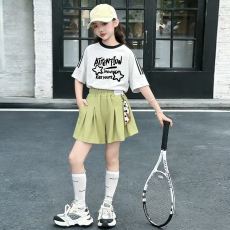 批发<b class='q'>女</b><b class='q'>童</b>夏季套装宽松纯棉三条杆短袖冰丝裙裤中大童外穿洋气两件套潮