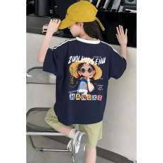 批发<b class='q'>女</b><b class='q'>童</b>夏季套装宽松纯棉三条杆短袖冰丝裙裤中大童外穿洋气两件套潮