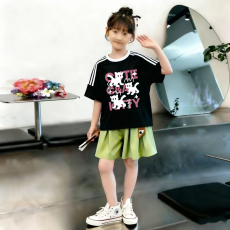 批发<b class='q'>女</b><b class='q'>童</b>夏季套装宽松纯棉三条杆短袖冰丝裙裤中大童外穿洋气两件套潮