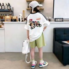 批发<b class='q'>女</b><b class='q'>童</b>夏季套装宽松纯棉三条杆短袖冰丝裙裤中大童外穿洋气两件套潮