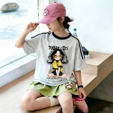 批发<b class='q'>女</b><b class='q'>童</b>夏季套装宽松纯棉三条杆短袖冰丝裙裤中大童外穿洋气两件套潮