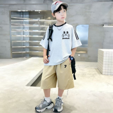 批发<b class='q'>男童</b>夏<b class='q'>季</b>套装宽松纯棉三条杆短袖运动速干工装裤中大童外穿两件套