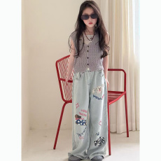 批发儿童卡通天丝牛仔裤女童薄款直筒裤中大童时髦阔腿裤2026夏季新款