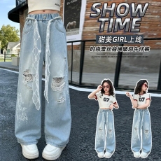 批发女童夏季裤子儿童夏天时尚蕾丝薄款破洞牛仔裤女孩休闲宽松阔腿裤