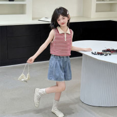 批发女童无袖套装夏季2026新款<b class='q'>儿童</b>洋气polo衫夏装女孩牛仔短裤两件套
