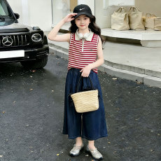 批发女童POLO衫套装夏季2026新款<b class='q'>儿童</b>休闲夏装女孩牛仔阔腿裤两件套潮