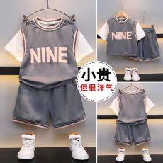 批发<b class='q'>男童</b>篮<b class='q'>球</b>服速干运动假两件短袖2026新款儿童球服套装痞帅球衣时尚