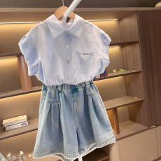 批发2026新款<b class='q'>女童</b>韩系<b class='q'>套装</b>条纹<b class='q'>衬衫</b>花边牛仔短裤大童女孩网红炸街夏装