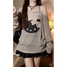 批发【<b class='q'>官</b>图 <b class='q'>韩国</b>雪花麻】复古kitty猫露肩防晒罩衫薄纱T恤秋慵懒风上衣