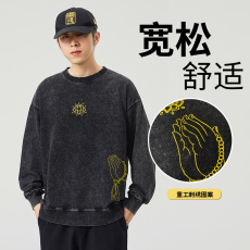 批发男士新中式佛手刺绣秋季保暖宽松型圆领长袖水洗卫衣休闲情侣