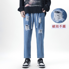 批发假破洞松紧腰九分牛仔裤大码男装补丁阔腿直筒加肥加大系带矮个子