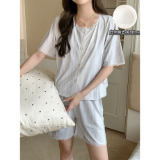 批发馨依 流光夏季带胸垫短袖睡衣女士碎花开衫圆领家居服套装