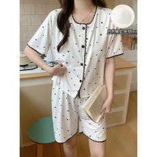 批发馨依 白桃心带胸垫短袖睡衣女士碎花开衫圆领家居服套装