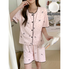 批发馨依 蝴蝶结带胸垫短袖睡衣女士碎花开衫圆领家居服套装
