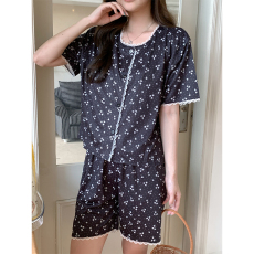 批发馨依 黑色花带胸垫短袖睡衣女士碎花开衫圆领家居服套装