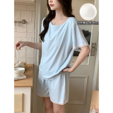 批发馨依 蓝色夏季短袖睡衣女士休闲圆领纯色美背家居服套装