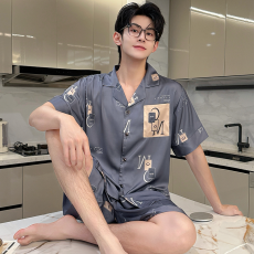 批发馨依 夏季开衫冰雪丝<b class='q'>男装</b>睡衣高级感短袖短裤休闲高档奢华家居服