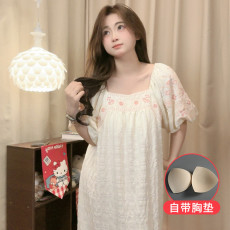 批发馨依 杏色夏季睡衣女士短袖裙云朵棉纯色泡泡袖<b class='q'>睡裙</b>女家居服