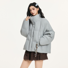 批发蓝色立领短款羽绒服女2025冬季新款宽松加厚保暖韩系面包服外套