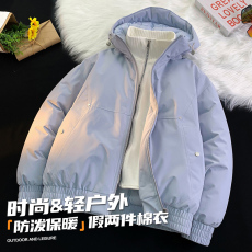 批发多巴胺假两件棉衣男女秋冬季新款美式潮流加厚保暖连帽棉衣外套