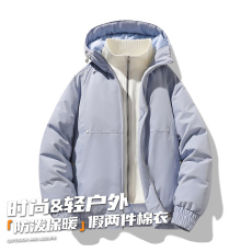 批发多巴胺假两件棉衣男女秋冬季新款美式潮流加厚保暖连帽棉衣外套
