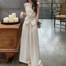 批发法式无袖背心收腰绑带上衣女夏季流行新款松紧腰宽松<b class='q'>休闲</b>裤裙<b class='q'>套装</b>