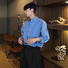 批发蓝衬衫男薄款宽松<b class='q'>长袖</b>防晒开衫冰丝雪纺免烫无痕工装衬衣休闲百搭